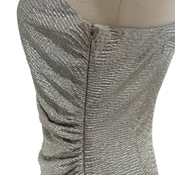 David Meister Silver One Shoulder Gown Formal Dress 8 Ruched Metallic Glam - Picture 12 of 12